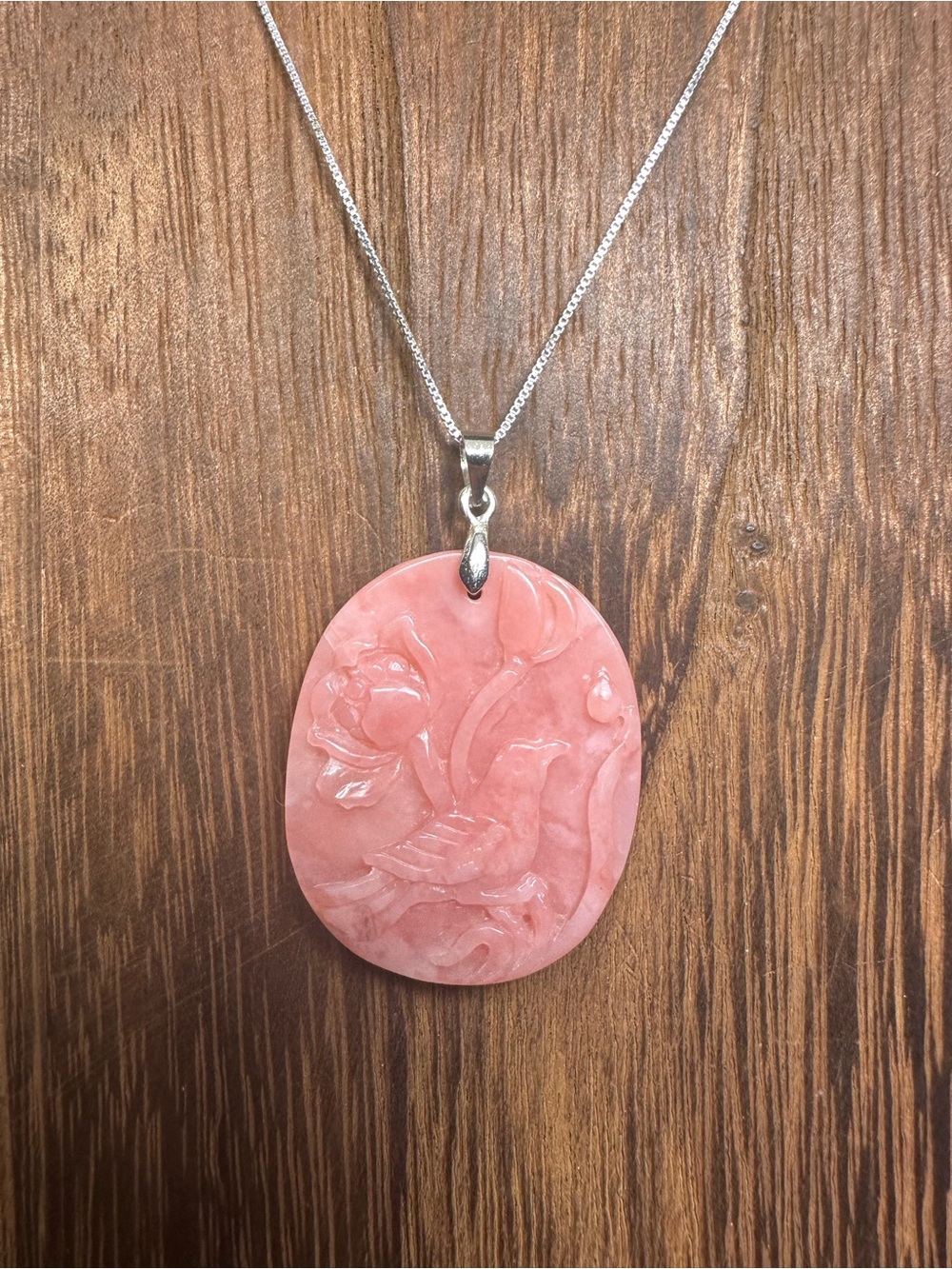 Oval Pink Opal Bird Carving Pendant on Sterling Silver Chain